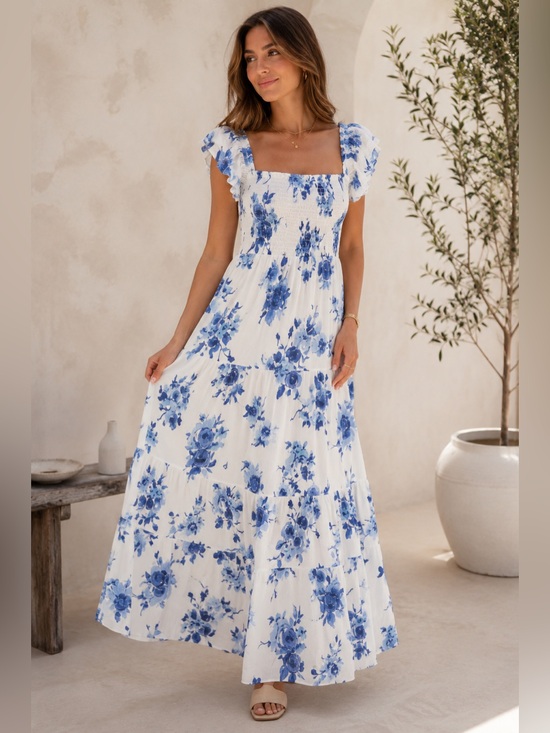 Olivia Grey Dresses & Skirts - Olivia Grey Blue White Floral Smocked Maxi Dress Puff Sleeve NWT Size L